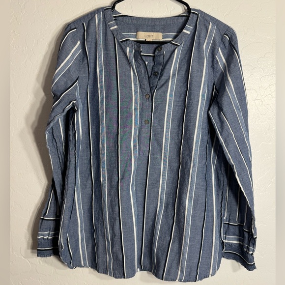 LOFT Tops - LOFT Blue White Stripe Cotton Long Sleeve Henley Tunic Top Shirt Size M